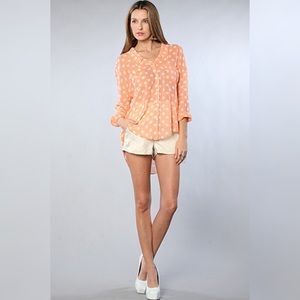 FREE PEOPLE Coral High Low Polka Dot Top Sz Small!